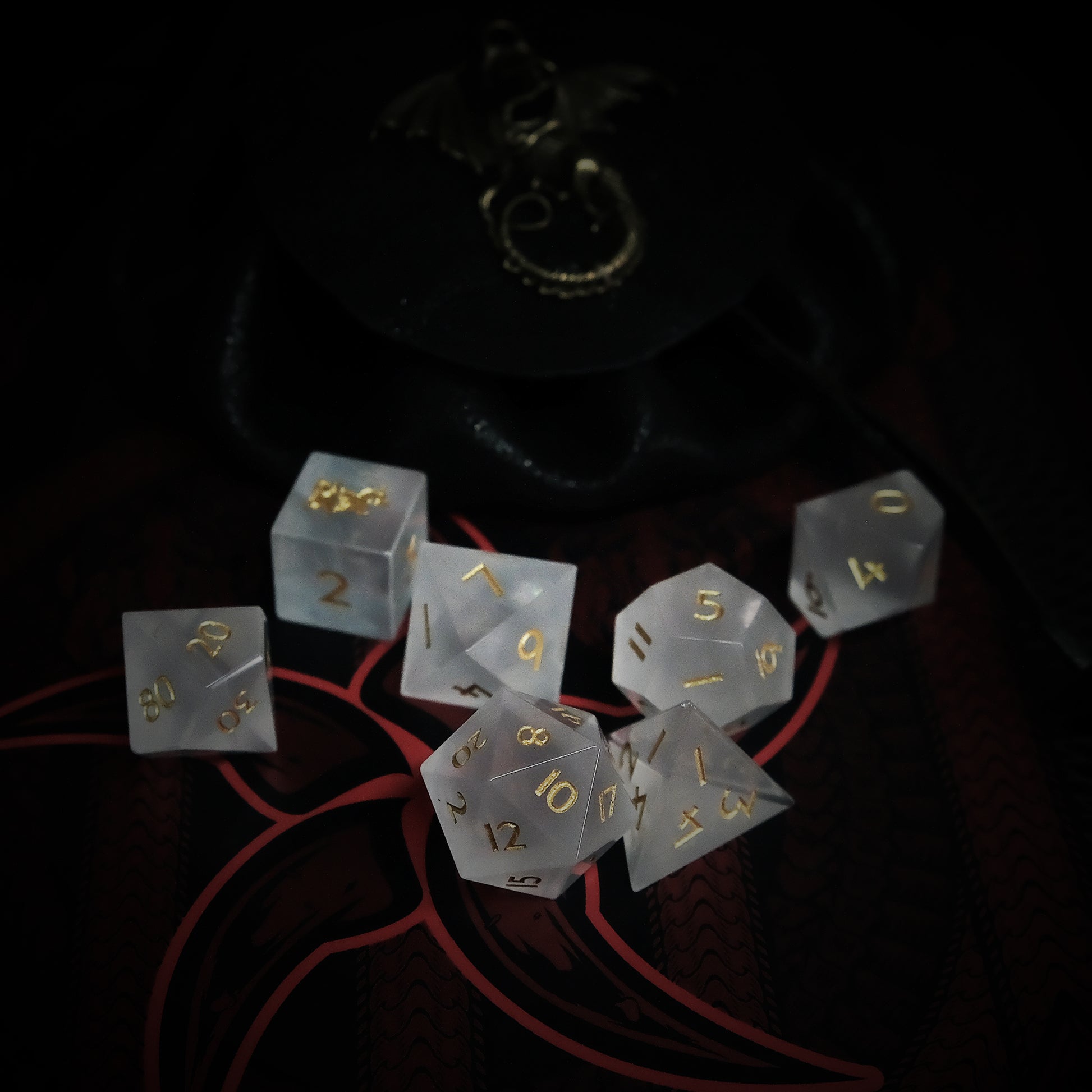 Natural Frosted White Quartz Crystal Gemstone Dice Set of 7——with Forgic Logo.  Game accessories for table-top game, board game and rpg game lover