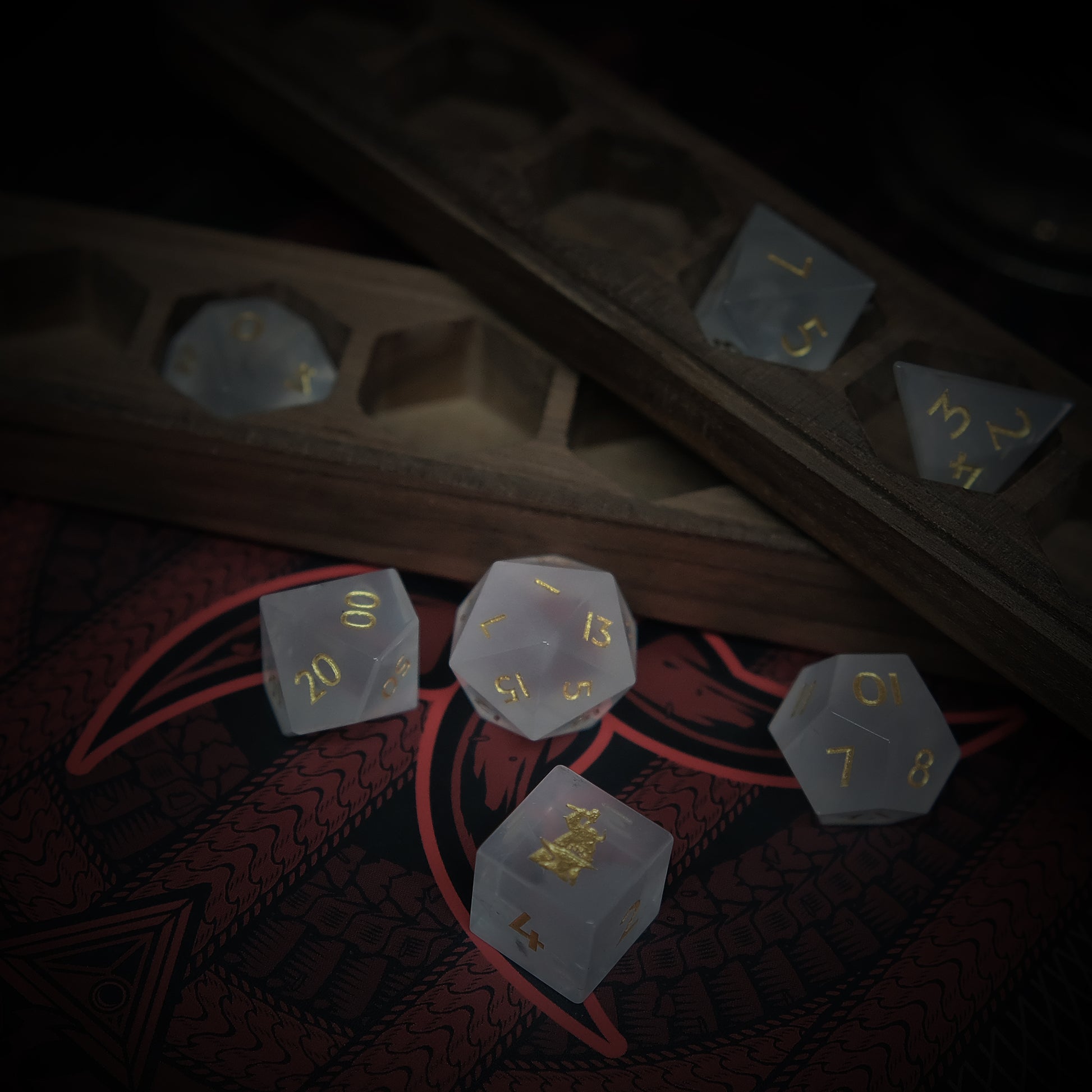 Natural Frosted White Quartz Crystal Gemstone Dice Set of 7——with Forgic Logo.  Game accessories for table-top game, board game and rpg game lover