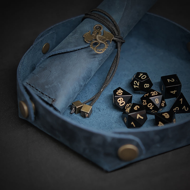 Blue COMBO : Natural Obsidian Gemstone Dice Set / Handmade Dice Bag / Handmade Dice Tray. Game accessories for table-top game, board game and rpg game lover