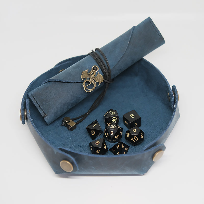 Blue COMBO : Natural Obsidian Gemstone Dice Set / Handmade Dice Bag / Handmade Dice Tray. Game accessories for table-top game, board game and rpg game lover