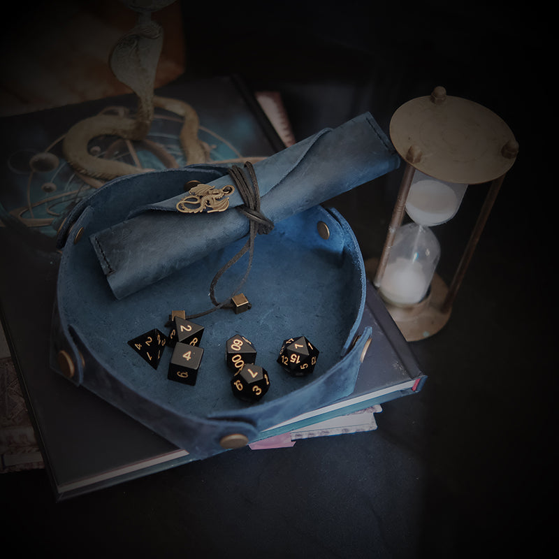 Blue COMBO : Natural Obsidian Gemstone Dice Set / Handmade Dice Bag / Handmade Dice Tray. Game accessories for table-top game, board game and rpg game lover