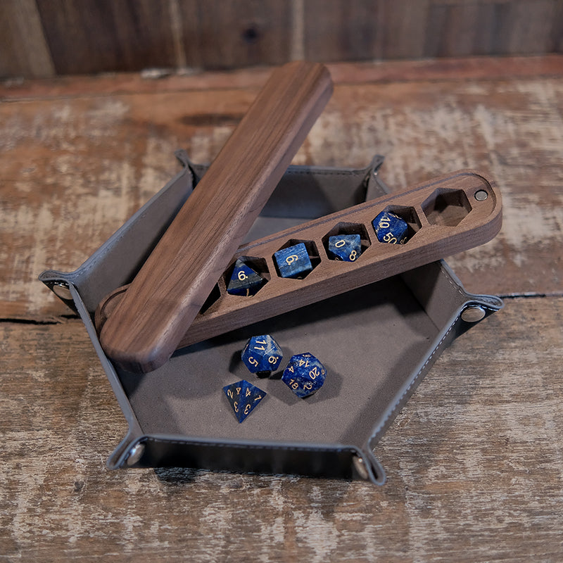 COMBO / Lapis Lazuli Natural Gemstone Dice Set Wooden Box Combo / Dice Set of 7 / Black Cherry Wood Box / Dice Tray