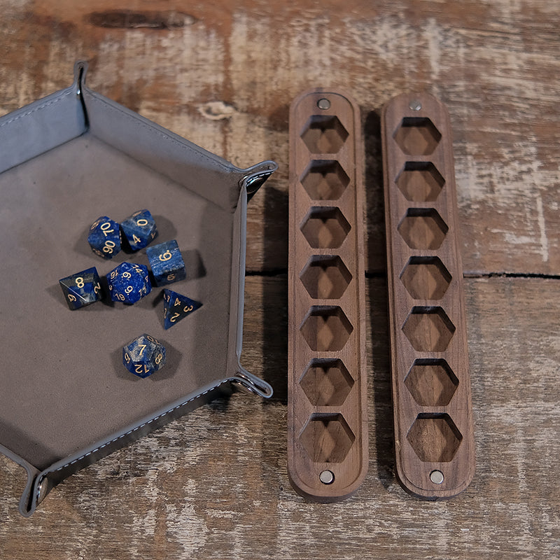 COMBO / Lapis Lazuli Natural Gemstone Dice Set Wooden Box Combo / Dice Set of 7 / Black Cherry Wood Box / Dice Tray