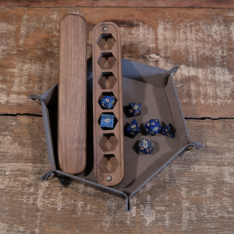 COMBO / Lapis Lazuli Natural Gemstone Dice Set Wooden Box Combo / Dice Set of 7 / Black Cherry Wood Box / Dice Tray