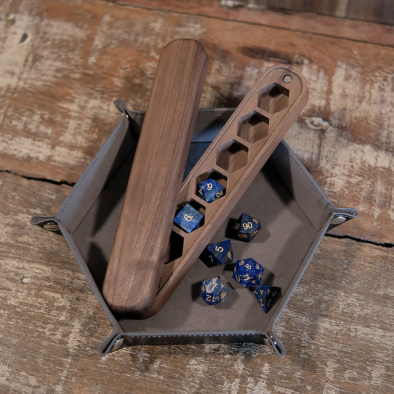 COMBO / Lapis Lazuli Natural Gemstone Dice Set Wooden Box Combo / Dice Set of 7 / Black Cherry Wood Box / Dice Tray