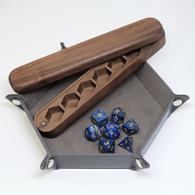 COMBO / Lapis Lazuli Natural Gemstone Dice Set Wooden Box Combo / Dice Set of 7 / Black Cherry Wood Box / Dice Tray