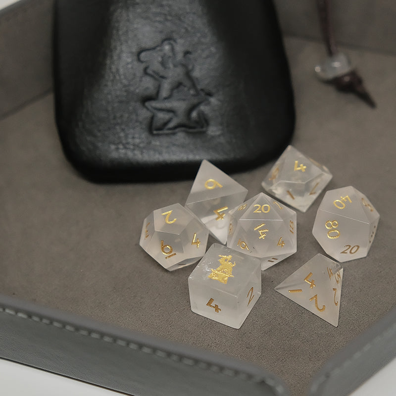 COMBO / Natural Frosted White Quartz Crystal Gemstone Dice Set Combo / Dice Set of 7 / Leather Dice Bag / Dice Tray. Game accessories for table-top game, board game and rpg games