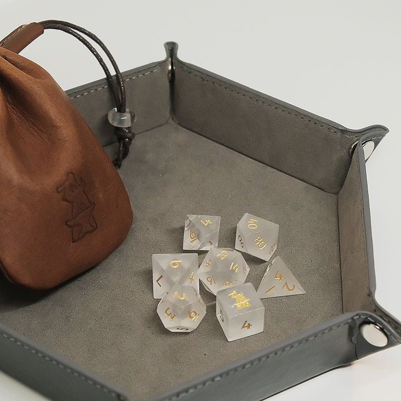 COMBO / Natural Frosted White Quartz Crystal Gemstone Dice Set Combo / Dice Set of 7 / Leather Dice Bag / Dice Tray. Game accessories for table-top game, board game and rpg games