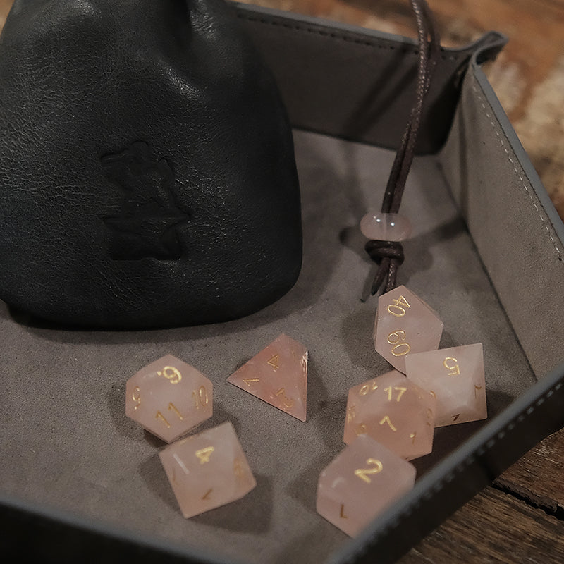 Natural Rose Quartz Gemstone Dice Set Combo / Dice Set of 7 / Leather Dice Bag / Dice Tray