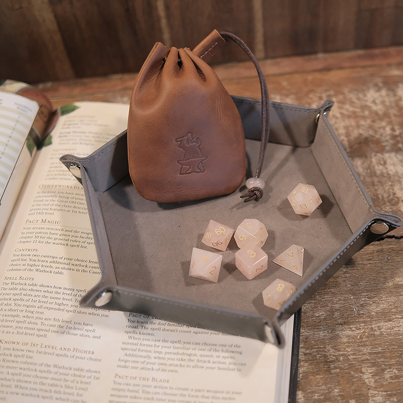 Natural Rose Quartz Gemstone Dice Set Combo / Dice Set of 7 / Leather Dice Bag / Dice Tray