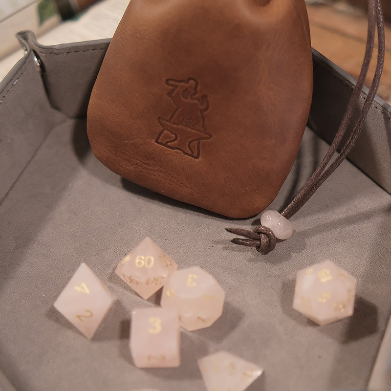 Natural Rose Quartz Gemstone Dice Set Combo / Dice Set of 7 / Leather Dice Bag / Dice Tray