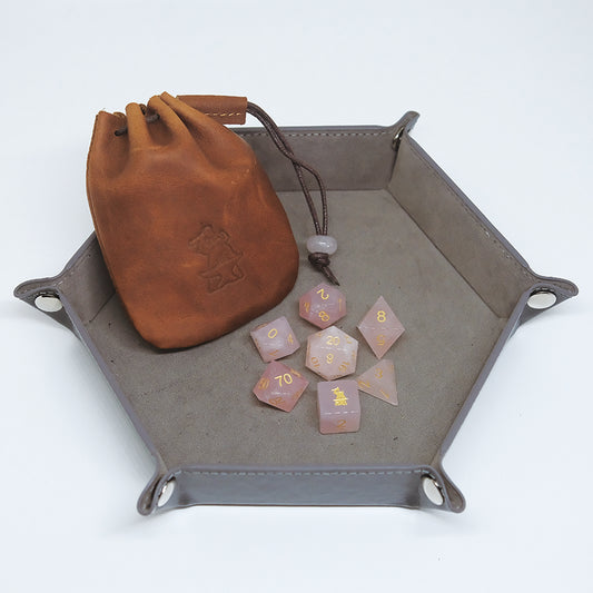 Natural Rose Quartz Gemstone Dice Set Combo / Dice Set of 7 / Leather Dice Bag / Dice Tray