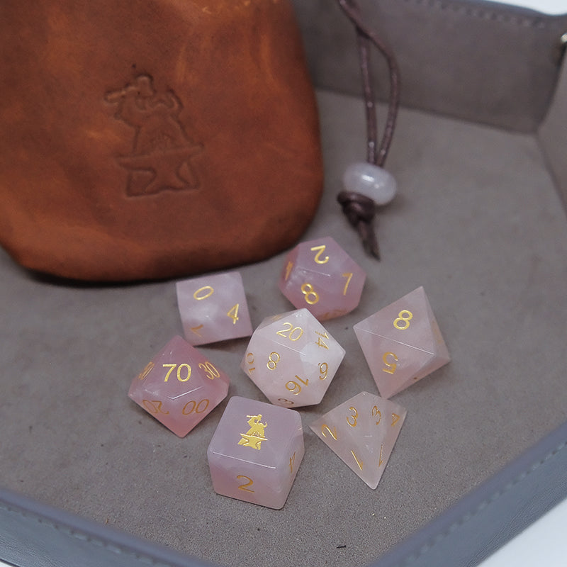 Natural Rose Quartz Gemstone Dice Set Combo / Dice Set of 7 / Leather Dice Bag / Dice Tray