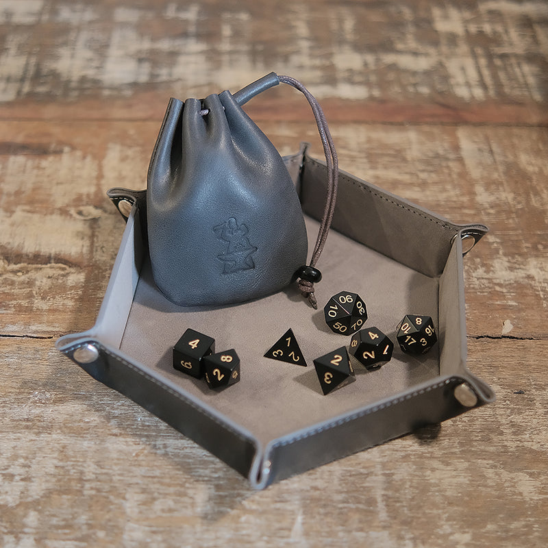 Obsidian Gemstone Dice Set Combo / Dice Set of 7 / Leather Dice Bag Attached Black Onyx / Dice Tray