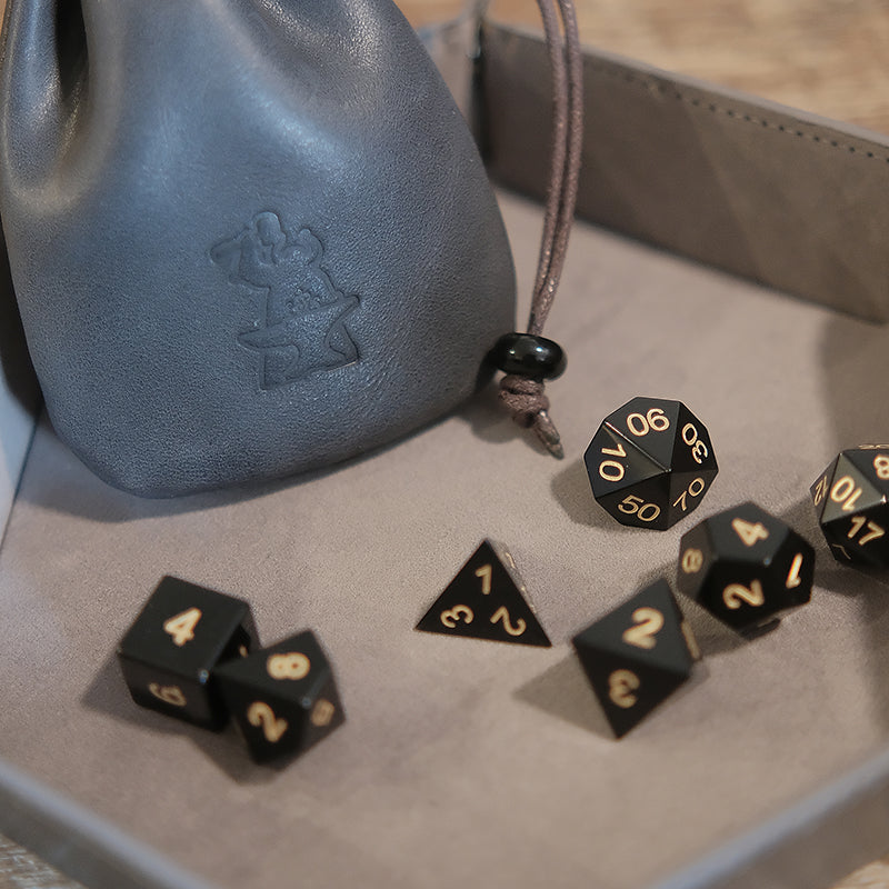 Obsidian Gemstone Dice Set Combo / Dice Set of 7 / Leather Dice Bag Attached Black Onyx / Dice Tray