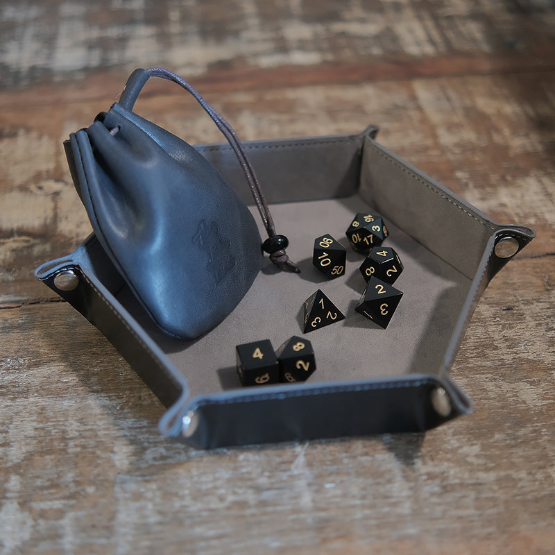 Obsidian Gemstone Dice Set Combo / Dice Set of 7 / Leather Dice Bag Attached Black Onyx / Dice Tray