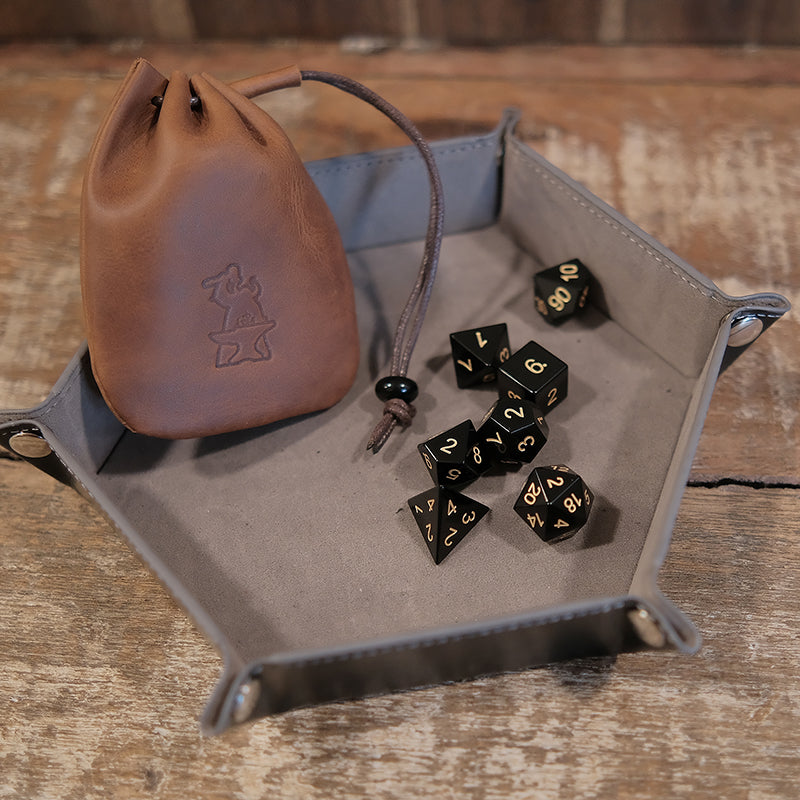 Obsidian Gemstone Dice Set Combo / Dice Set of 7 / Leather Dice Bag Attached Black Onyx / Dice Tray