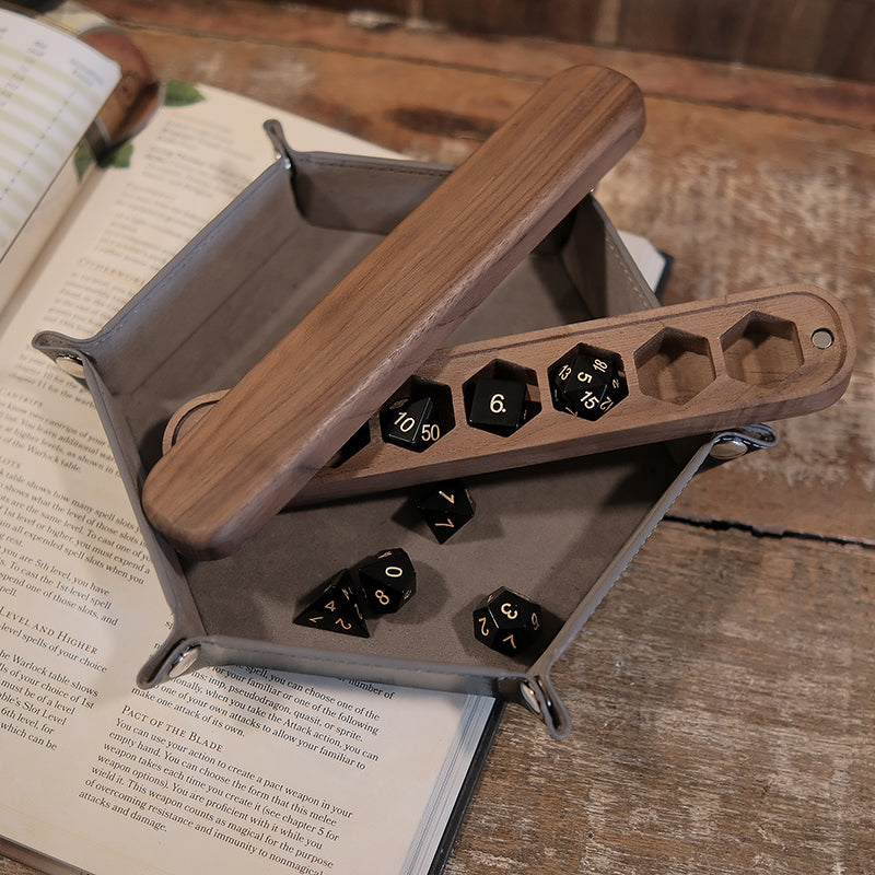 Obsidian Gemstone Dice Set Wooden Box Combo / Dice Set of 7 / Black Cherry Wood Box / Dice Tray