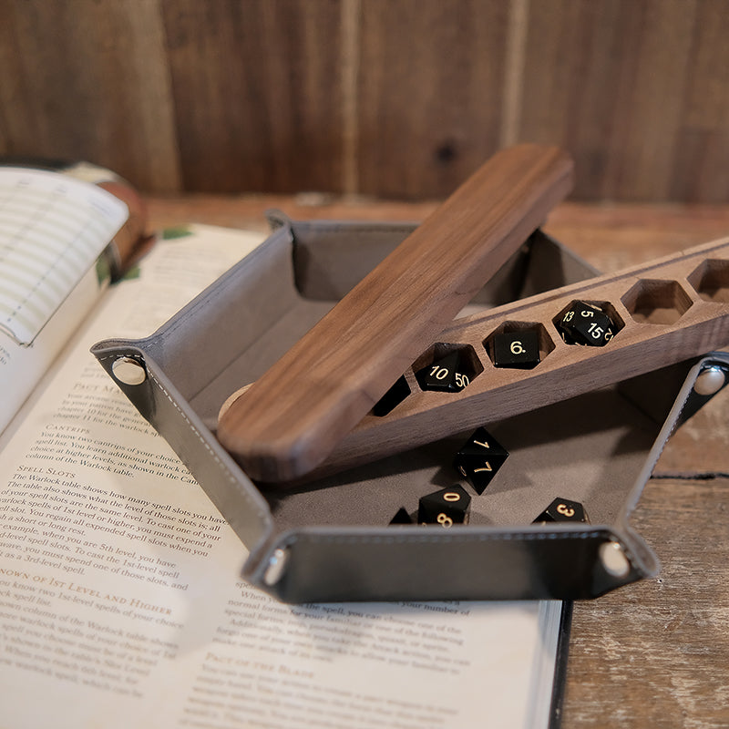 Obsidian Gemstone Dice Set Wooden Box Combo / Dice Set of 7 / Black Cherry Wood Box / Dice Tray