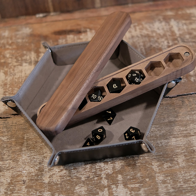 Obsidian Gemstone Dice Set Wooden Box Combo / Dice Set of 7 / Black Cherry Wood Box / Dice Tray