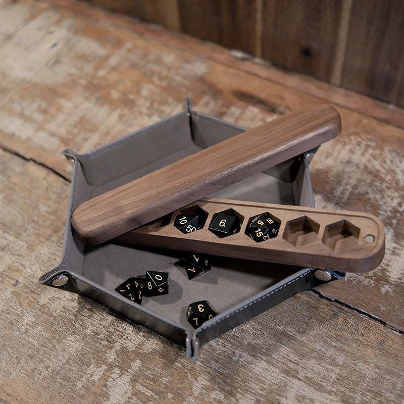 Obsidian Gemstone Dice Set Wooden Box Combo / Dice Set of 7 / Black Cherry Wood Box / Dice Tray