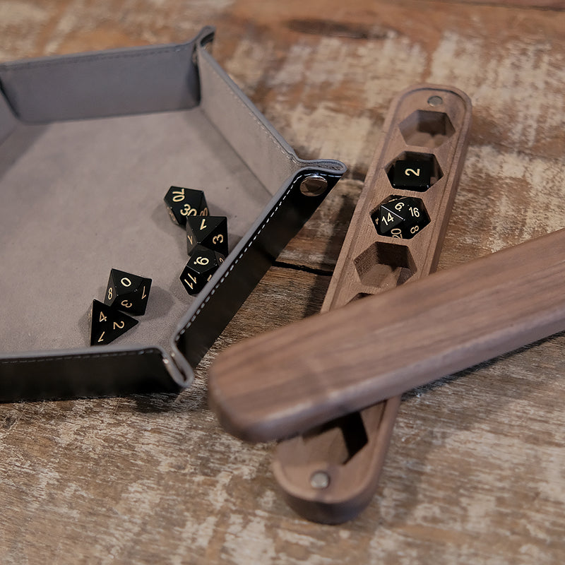 Obsidian Gemstone Dice Set Wooden Box Combo / Dice Set of 7 / Black Cherry Wood Box / Dice Tray