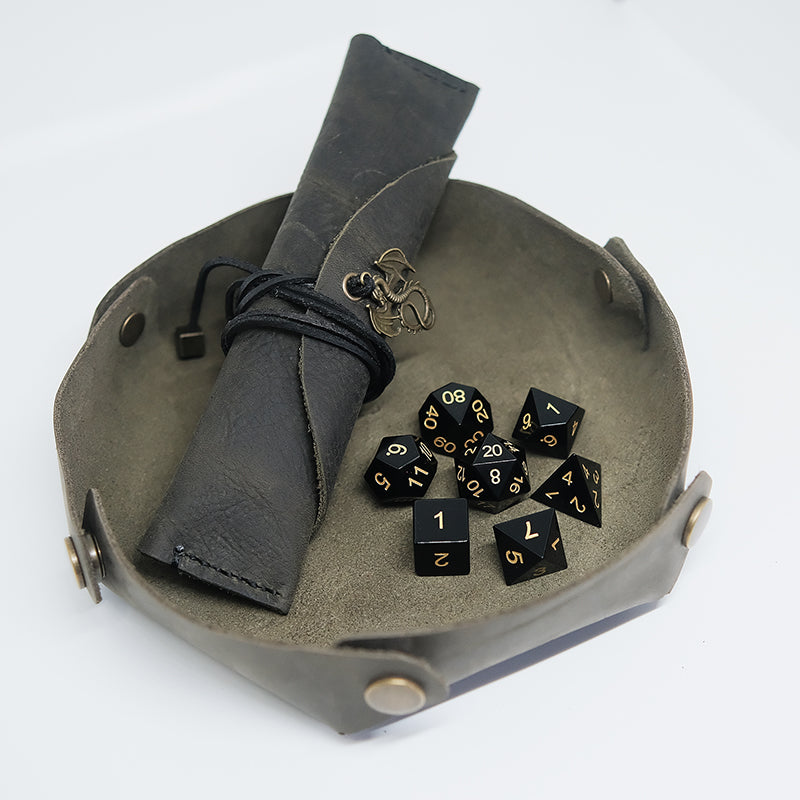 Olive COMBO Natural Obsidian Gemstone Dice Set  Handmade Dice Bag  Handmade Dice Tray  for RPG Games