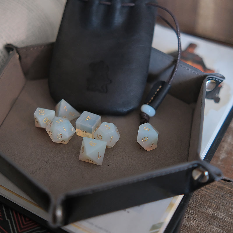 Opalite Gemstone Dice Set Combo / Dice Set of 7 / Leather Dice Bag / Dice Tray