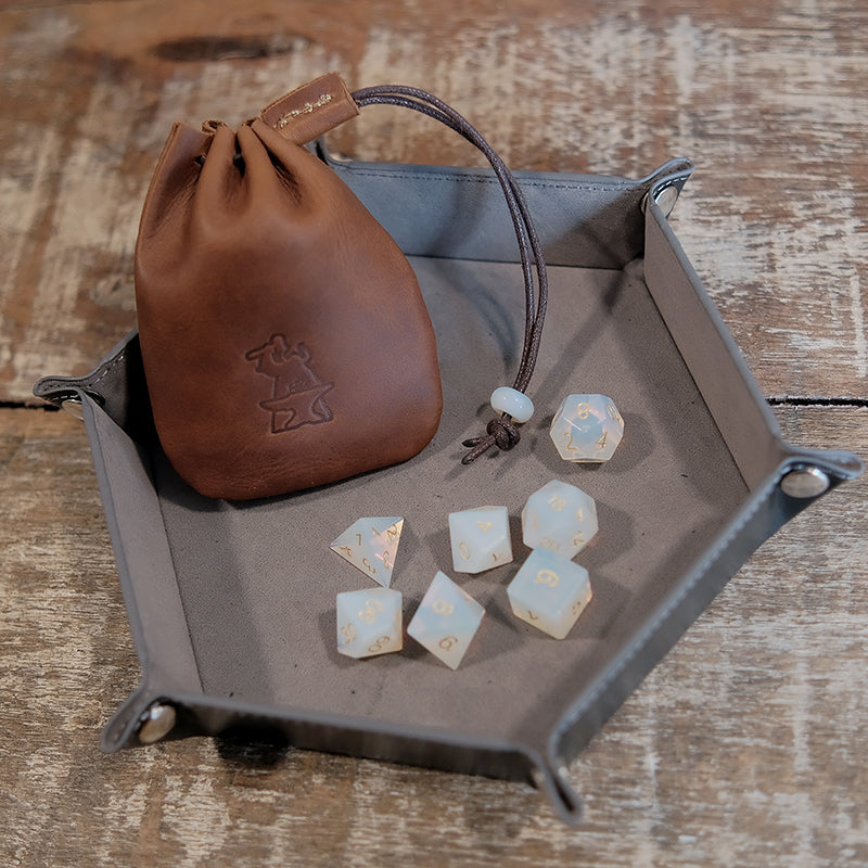 Opalite Gemstone Dice Set Combo / Dice Set of 7 / Leather Dice Bag / Dice Tray