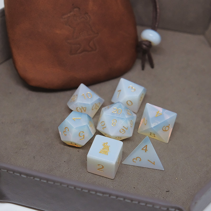 Opalite Gemstone Dice Set Combo / Dice Set of 7 / Leather Dice Bag / Dice Tray