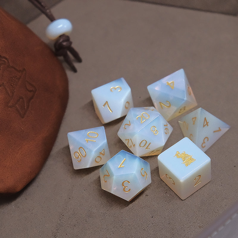 Opalite Gemstone Dice Set Combo / Dice Set of 7 / Leather Dice Bag / Dice Tray